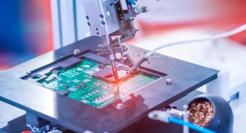 A PCB being laser-marked on a GlobalDatum fixture
